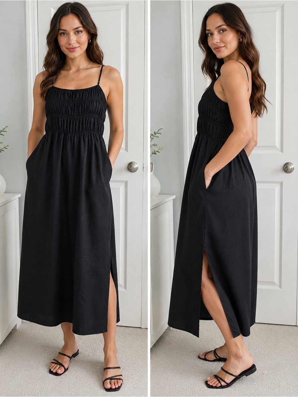 GAP Black Smocked Midi Dress with Side Slit